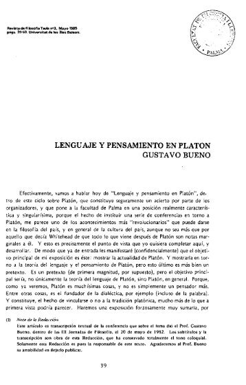 1985 -Gustavo-Bueno - Lenguaje y pensamiento en Platon. Revista de Filosfía Taula, mayo 1985. Universitat Illas Balears