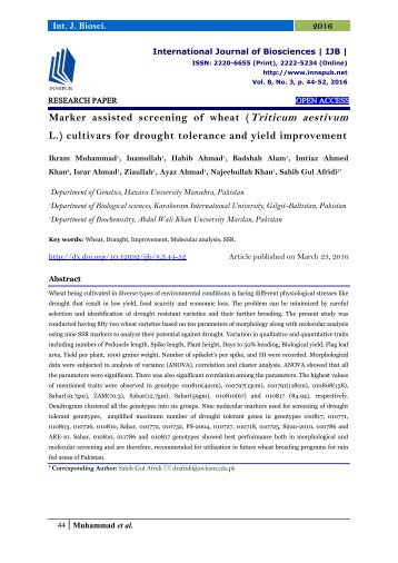 Marker assisted screening of wheat (Triticum aestivum L.) cultivars for drought tolerance and yield improvement