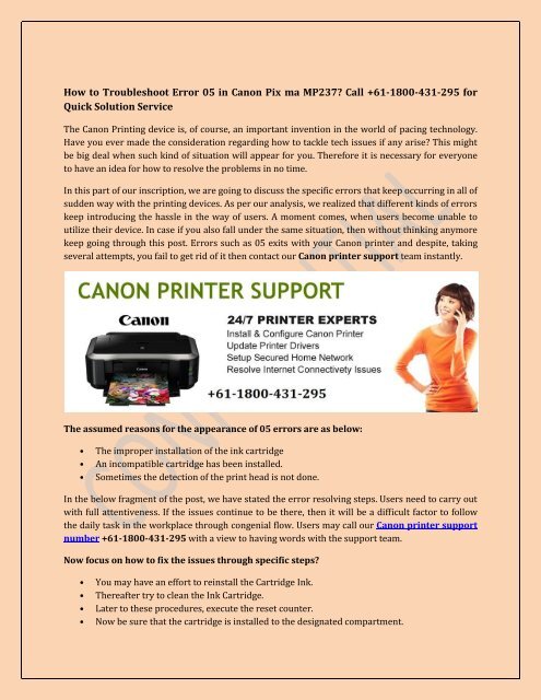 How to Troubleshoot Error 05 in Canon Pix ma MP237? Call +61-1800-431-295 for Quick Solution Service