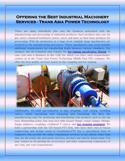 Offering the Best Industrial Machinery Services - Trans Asia Power Technology