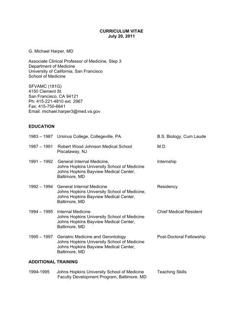 CURRICULUM VITAE July 20, 2011 G. Michael Harper, MD ...