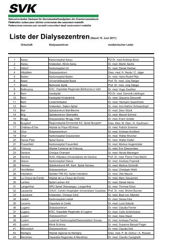 Liste der Dialysezentren(Stand 15. Juni 2011)