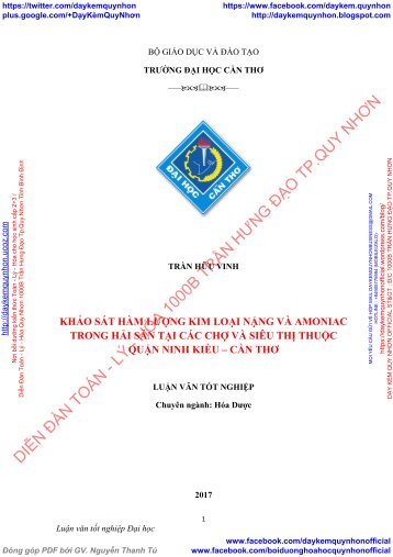 KHẢO SÁT HÀM LƯỢNG KIM LOẠI NẶNG VÀ AMONIAC TRONG HẢI SẢN TẠI CÁC CHỢ VÀ SIÊU THỊ THUỘC QUẬN NINH KIỀU - CẦN THƠ