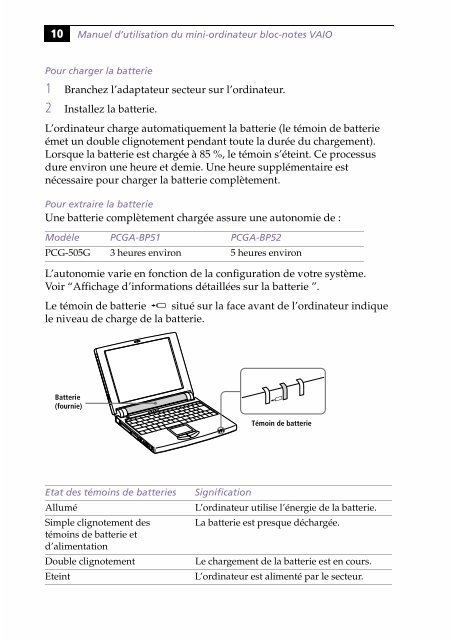 Sony PCG-505G - PCG-505G Istruzioni per l'uso Francese