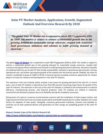 Solar PV Market Analysis, Application, Growth, Segmented Outlook And Overview Research By 2020
