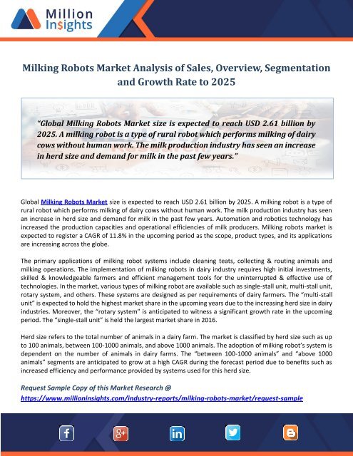 Milking Robots Market Analysis of Sales, Overview, Segmentation and Growth Rate to 2025