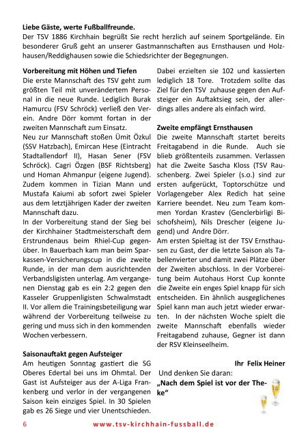 03+05.08.2018 Stadionzeitung TSV Ernsthausen / SG Oberes Edertal