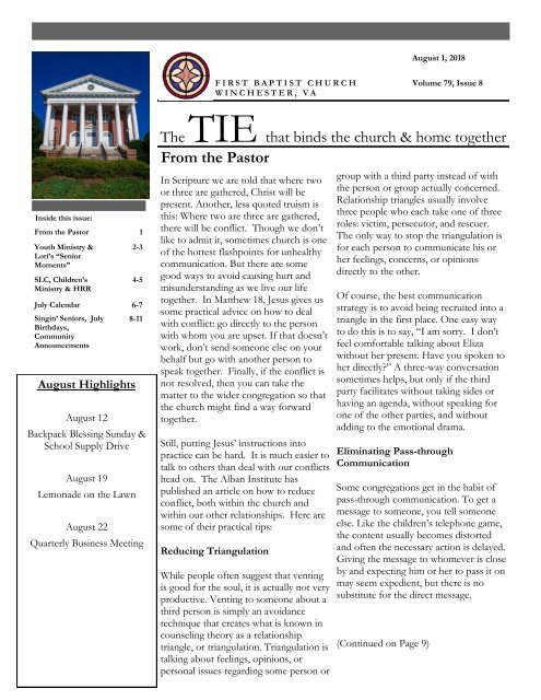 The TIE Newsletter August 2018 - First Baptist Church - Winchester, VA