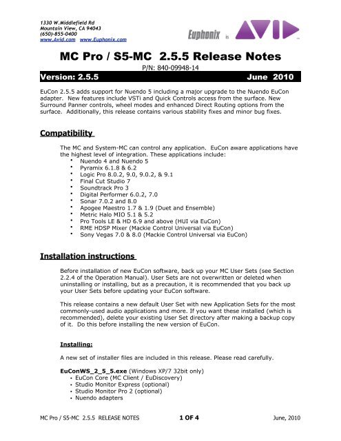 MC Pro / S5-MC 2.5.5 Release Notes - Euphonix