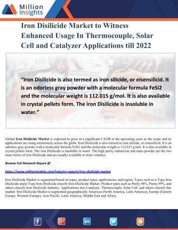 Iron Disilicide Market to Witness Enhanced Usage In Thermocouple, Solar Cell and Catalyzer Applications till 2022