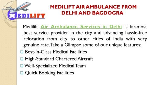 Book Low-Cost Air Ambulance from Delhi and Bagdogra by Medilift