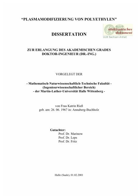 “plasmamodifizierung von polyethylen” dissertation zur erlangung ...