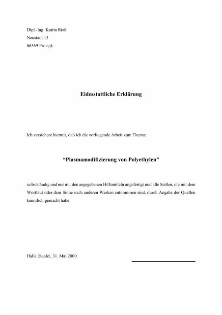 “plasmamodifizierung von polyethylen” dissertation zur erlangung ...