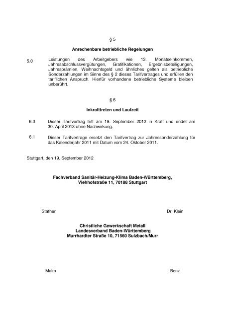 Tarifvertrag über die Jahressonderzahlung für das Kalenderjahr 2012