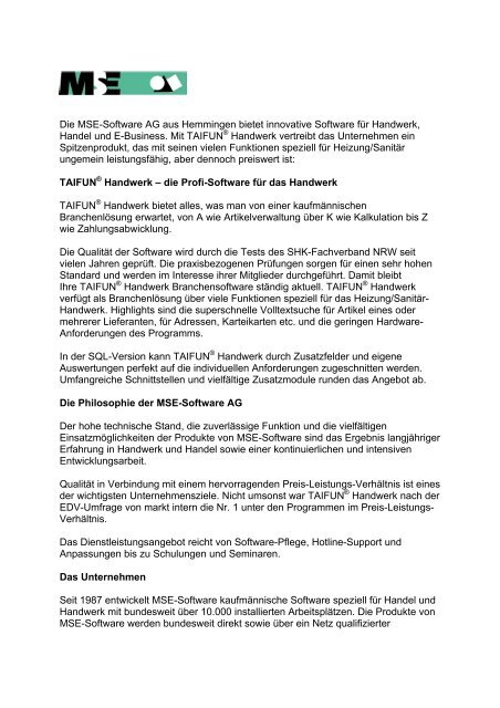 Die MSE-Software AG aus  Hemmingen bietet innovative Software ...