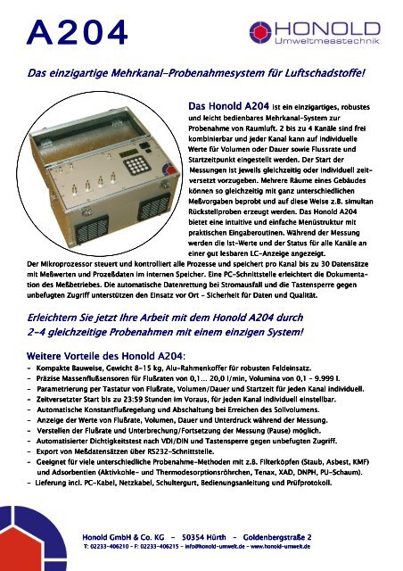 Datenblatt Honold A204 - Honold Umweltmesstechnik