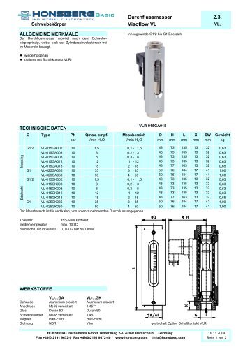 Durchflussmesser 2.3. Visoflow VL - Honsberg