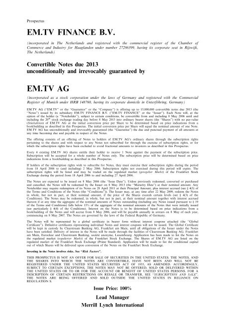 EM.TV FINANCE B.V. EM.TV AG - Constantin Medien AG