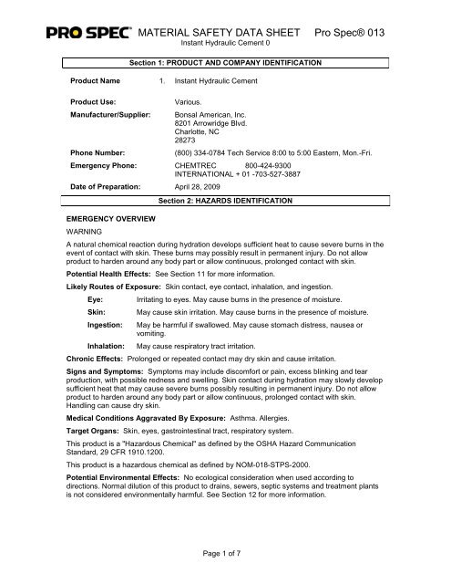 MATERIAL SAFETY DATA SHEET Pro Spec® 013