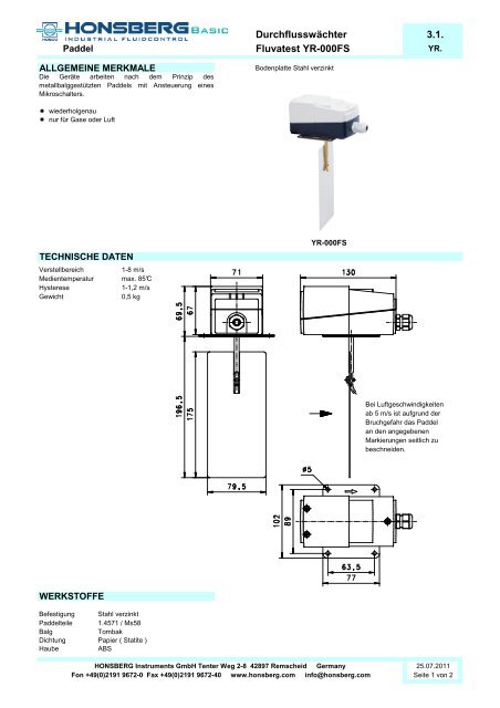 Durchflusswächter 3.1. Fluvatest YR-000FS - Honsberg