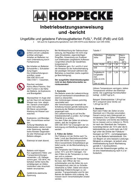 Inbetriebsetzungsanweisung und -bericht - HOPPECKE Batterien