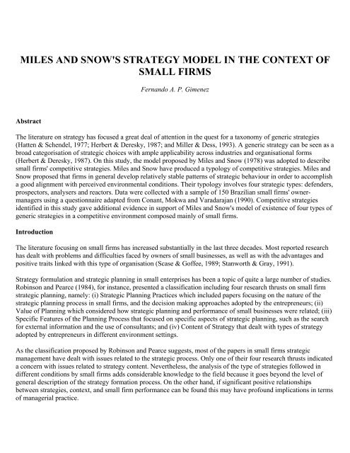 miles and snow's strategy model in the context of small firms