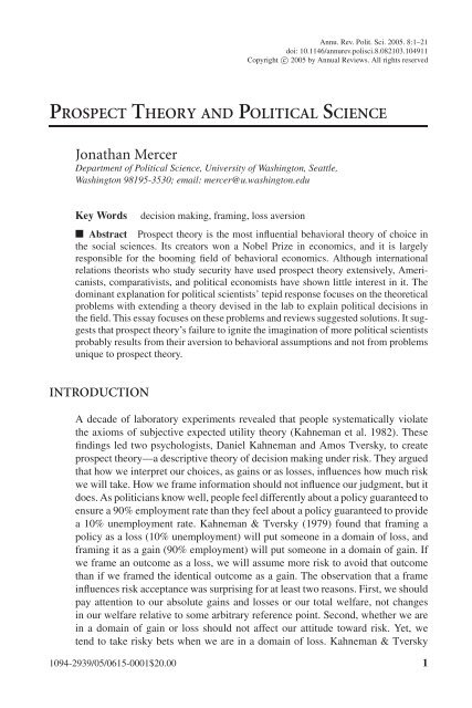 PROSPECT THEORY AND POLITICAL SCIENCE Jonathan Mercer