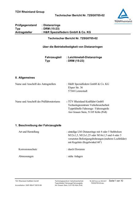 TÜV Rheinland Group Technischer Bericht Nr. 72SG0705-02 ...  - H&R