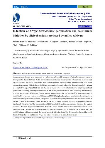 Induction of Striga hermonthica germination and haustorium initiation by Allelochemicals produced by millet cultivars