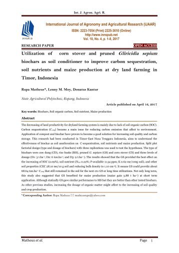 Utilization of corn stover and pruned Gliricidia sepium biochars as soil conditioner to improve carbon sequestration, soil nutrients and maize production at dry land farming in Timor, Indonesia