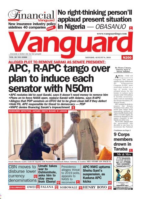 06082018 - ALLEGED PLOT TO REMOVE SARAKI AS SENATE PRESIDENT:APC, R-APC tango over plan to induce each senator with N50m