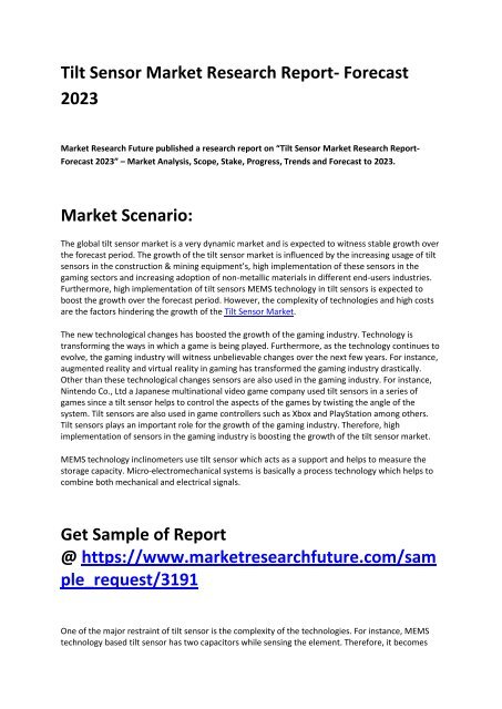 Tilt Sensor Market 2018 : Top Manufactures, Industry Set For Rapid Growth and Trend by 2023