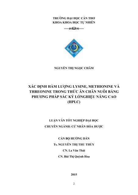 XÁC ĐỊNH HÀM LƯỢNG LYSINE, METHIONINE VÀ THREONINE TRONG THỨC ĂN CHĂN NUÔI BẰNG PHƯƠNG PHÁP SẮC KÝ LỎNG HIỆU NĂNG CAO (HPLC)