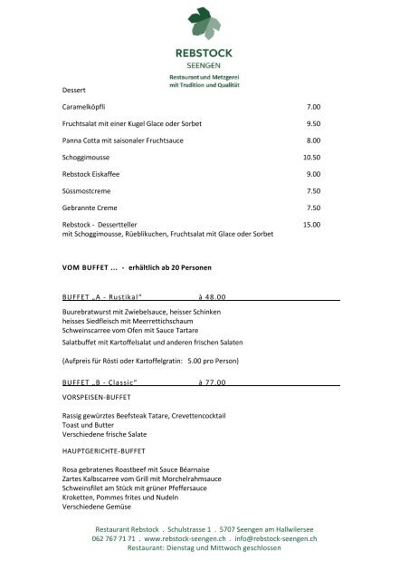 Menuvorschäge - Restaurant und Metzgerei Rebstock Seengen