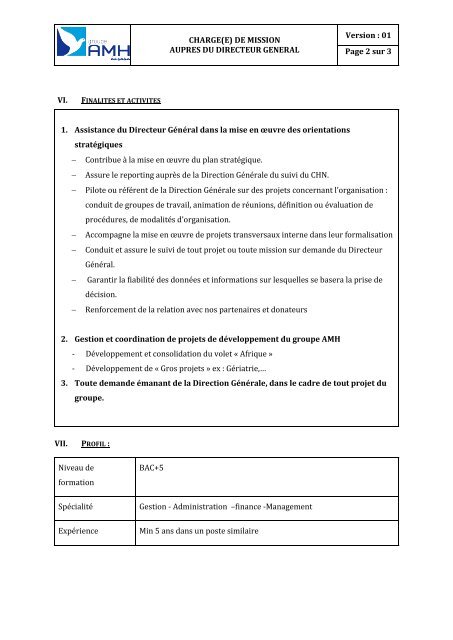 FICHE DE POSTE - CHARGE DE MISSION AUPRES DU DIRECTEUR GENERAL (00000002)