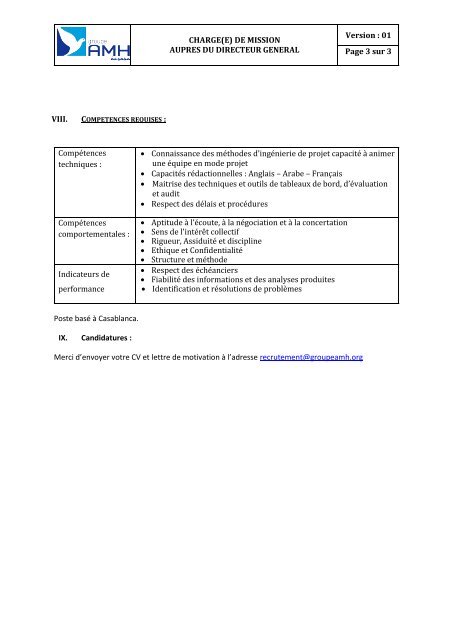 FICHE DE POSTE - CHARGE DE MISSION AUPRES DU DIRECTEUR GENERAL (00000002)