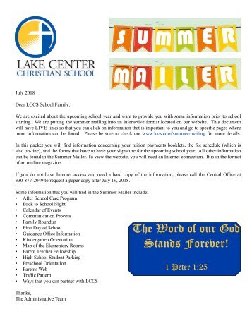 Summer Mailing Information Letter ~ July 2018