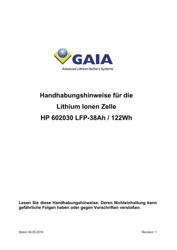 Handhabungshinweise für die Lithium Ionen Zelle HP ... - GAIA