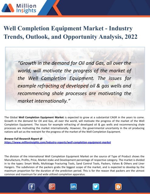 Well Completion Equipment Market Analysis, Share and Size, Trends, Industry Growth And Segment Forecasts To 2022