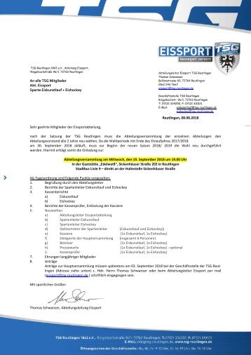 EISSPORT TSG RT Einladung Mitgliederversammlung 2018