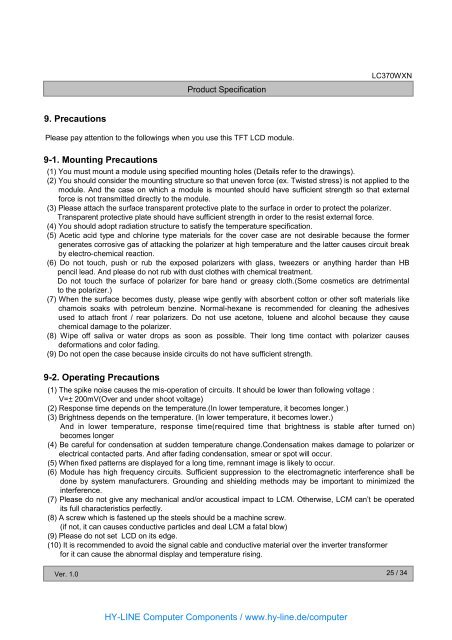 TFT-Display Datenblatt - Hy-Line