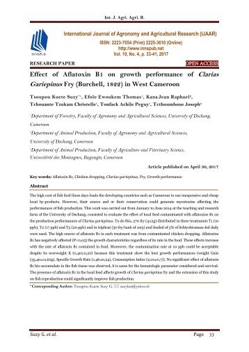 Effect of Aflatoxin B1 on growth performance of Clarias Gariepinus Fry (Burchell, 1822) in West Cameroon