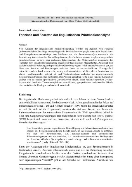 Fanzines und Facetten der linguistischen Printmedienanalyse