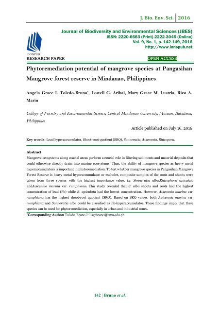 Phytoremediation potential of mangrove species at Pangasihan Mangrove forest reserve in Mindanao, Philippines