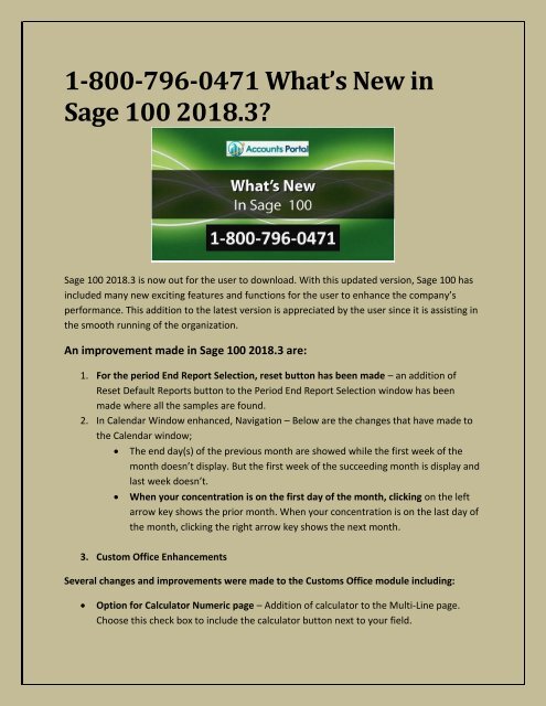 1-800-796-0471 What’s New in Sage 100 2018.3? Download & Upgrade To Sage