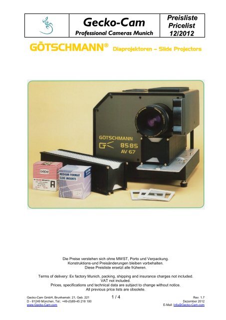 Gecko-Cam Professional Cameras Munich Preisliste Pricelist 02/2011