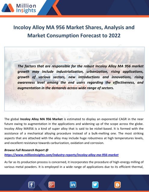 Incoloy Alloy MA 956 Market Shares, Analysis and Market Consumption Forecast to 2022