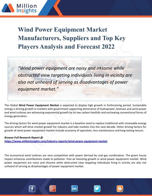 Wind Power Equipment Market Product, Import, Export and Consumption Forecast & Regional Analysis 2022