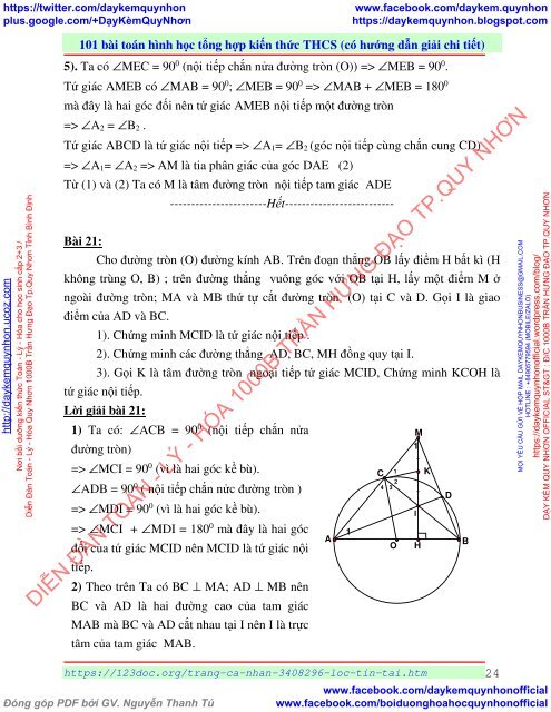 101 bài toán hình học tổng hợp kiến thức THCS (có hướng dẫn giải chi tiết)