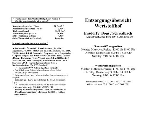 Entsorgungsübersicht Wertstoffhof Ensdorf / Bous / Schwalbach